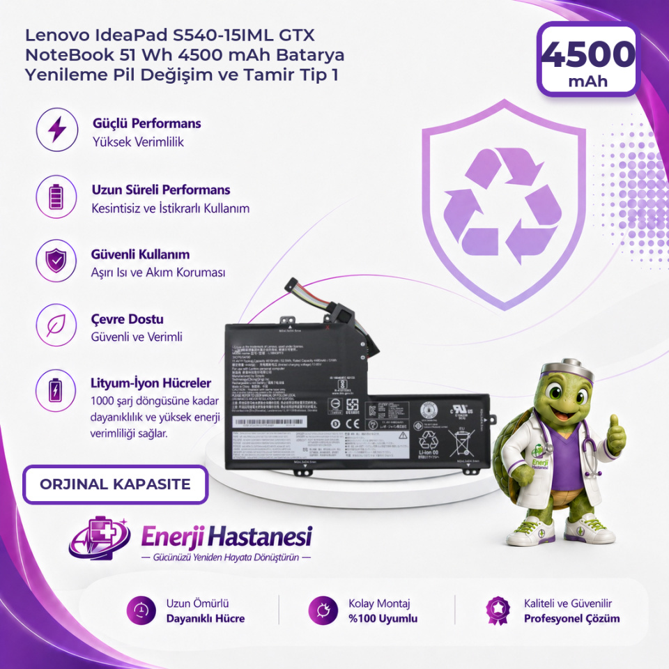 Lenovo IdeaPad S540-15IML GTX NoteBook 51 Wh 4500 mAh Batarya Yenileme Pil Değişim ve Tamir Tip 1