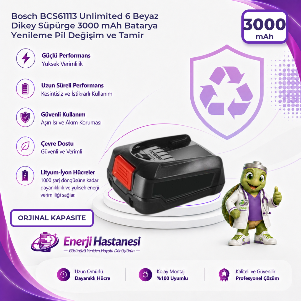 Bosch BCS61113 Unlimited 6 Beyaz Dikey Süpürge 3000 mAh Batarya Yenileme Pil Değişim ve Tamir