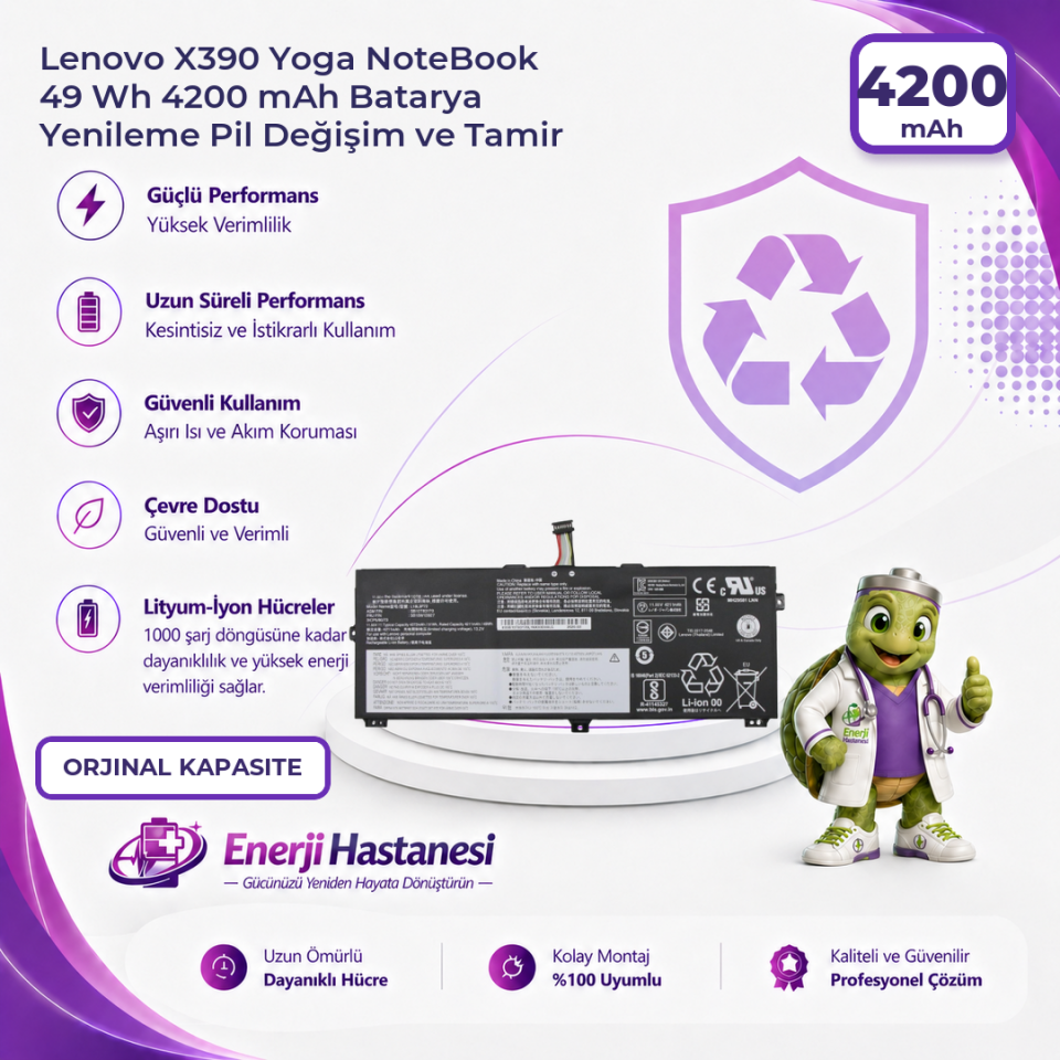 Lenovo X390 Yoga NoteBook 49 Wh 4200 mAh Batarya Yenileme Pil Değişim ve Tamir