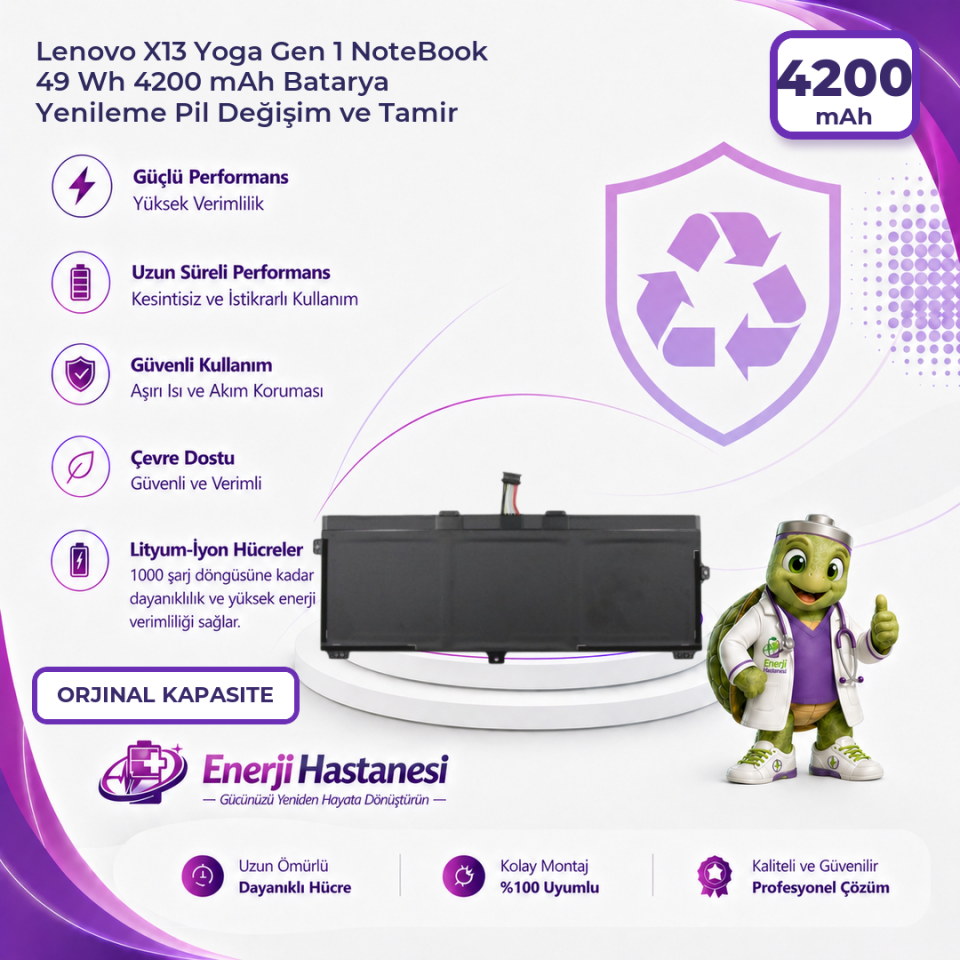 Lenovo X13 Yoga Gen 1 NoteBook 49 Wh 4200 mAh Batarya Yenileme Pil Değişim ve Tamir
