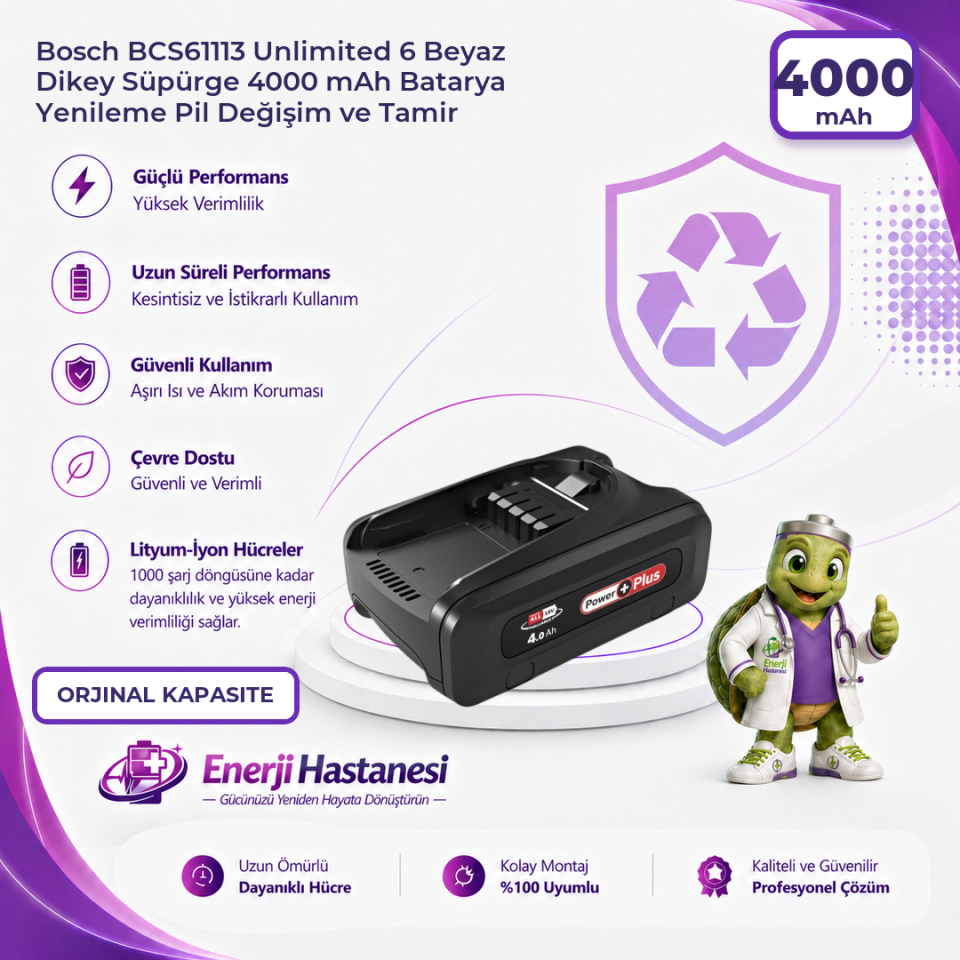 Bosch BCS61113 Unlimited 6 Beyaz Dikey Süpürge 4000 mAh Batarya Yenileme Pil Değişim ve Tamir