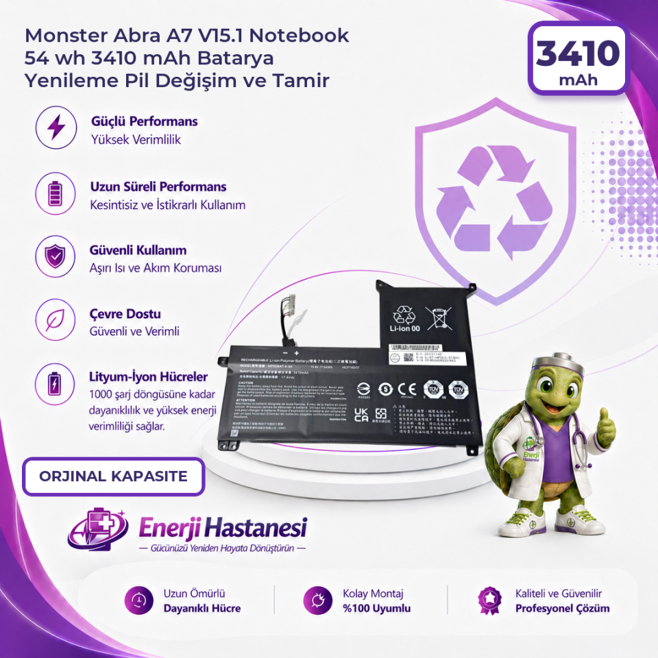 Monster Abra A7 V15.1 Notebook 54 wh 3410 mAh Batarya Yenileme Pil Değişim ve Tamir