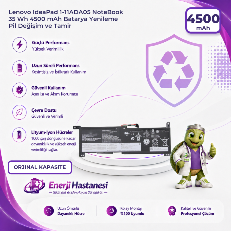 Lenovo IdeaPad 1-11ADA05 NoteBook 35 Wh 4500 mAh Batarya Yenileme Pil Değişim ve Tamir