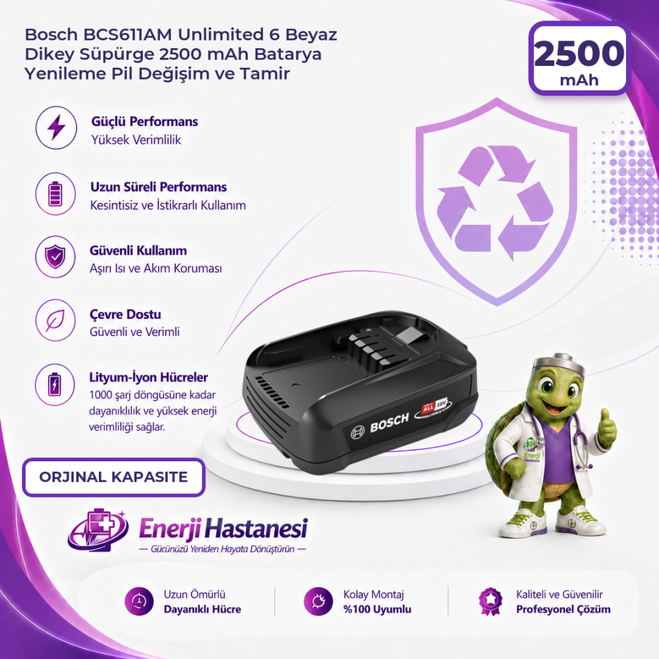Bosch BCS611AM Unlimited 6 Beyaz Dikey Süpürge 2500 mAh Batarya Yenileme Pil Değişim ve Tamir