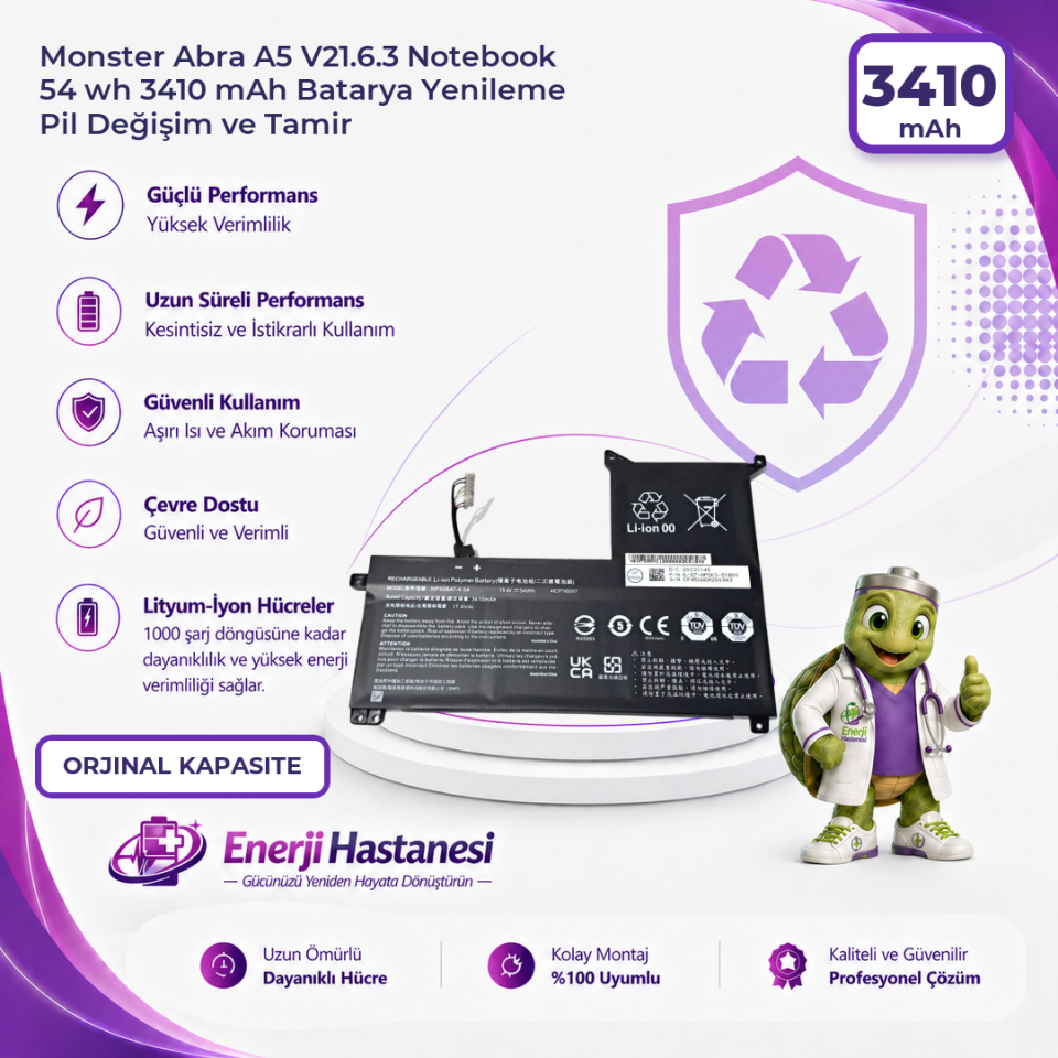 Monster Abra A5 V21.6.3 Notebook 54 wh 3410 mAh Batarya Yenileme Pil Değişim ve Tamir