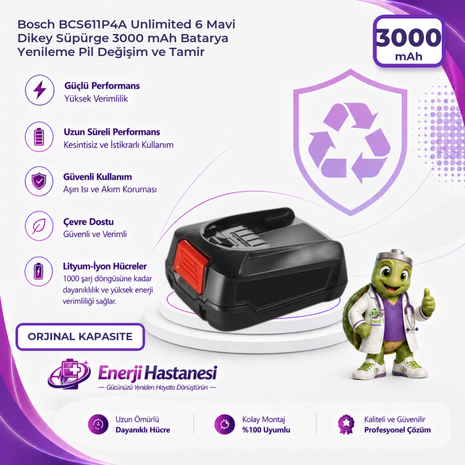 Bosch BCS611P4A Unlimited 6 Mavi Dikey Süpürge 3000 mAh Batarya Yenileme Pil Değişim ve Tamir