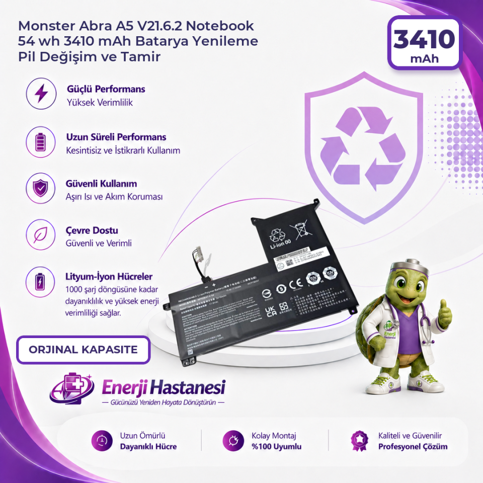 Monster Abra A5 V21.6.2 Notebook 54 wh 3410 mAh Batarya Yenileme Pil Değişim ve Tamir