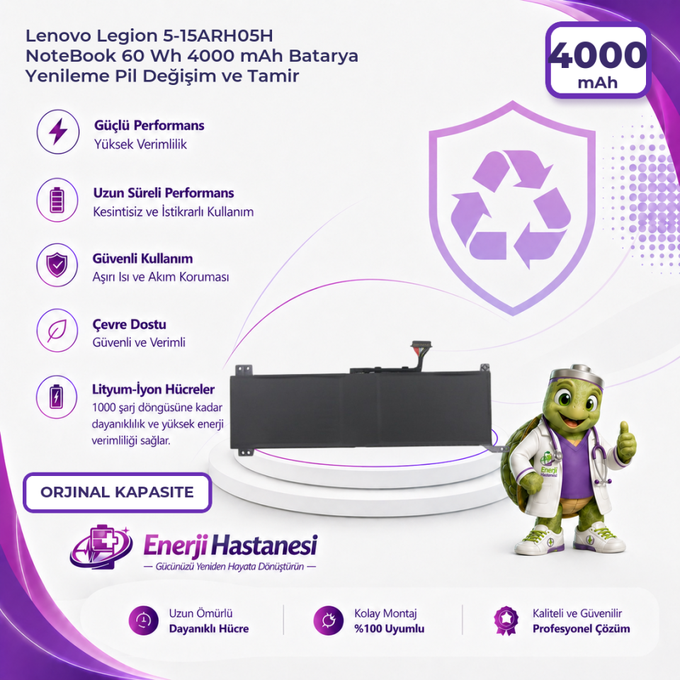 Lenovo Legion 5-15ARH05H NoteBook 60 Wh 4000 mAh Batarya Yenileme Pil Değişim ve Tamir