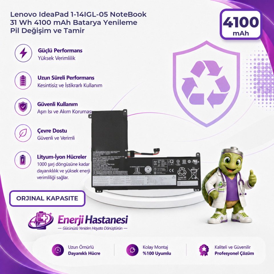 Lenovo IdeaPad 1-14IGL-05 NoteBook 31 Wh 4100 mAh Batarya Yenileme Pil Değişim ve Tamir