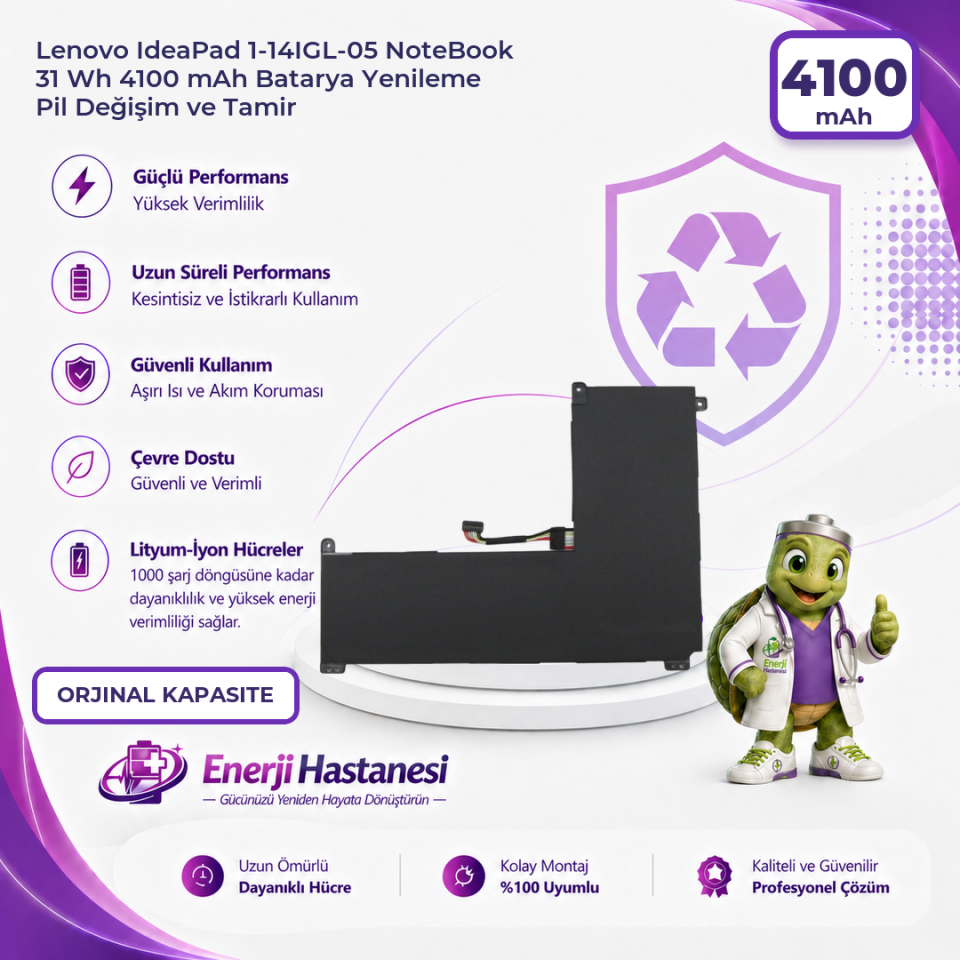 Lenovo IdeaPad 1-14IGL-05 NoteBook 31 Wh 4100 mAh Batarya Yenileme Pil Değişim ve Tamir