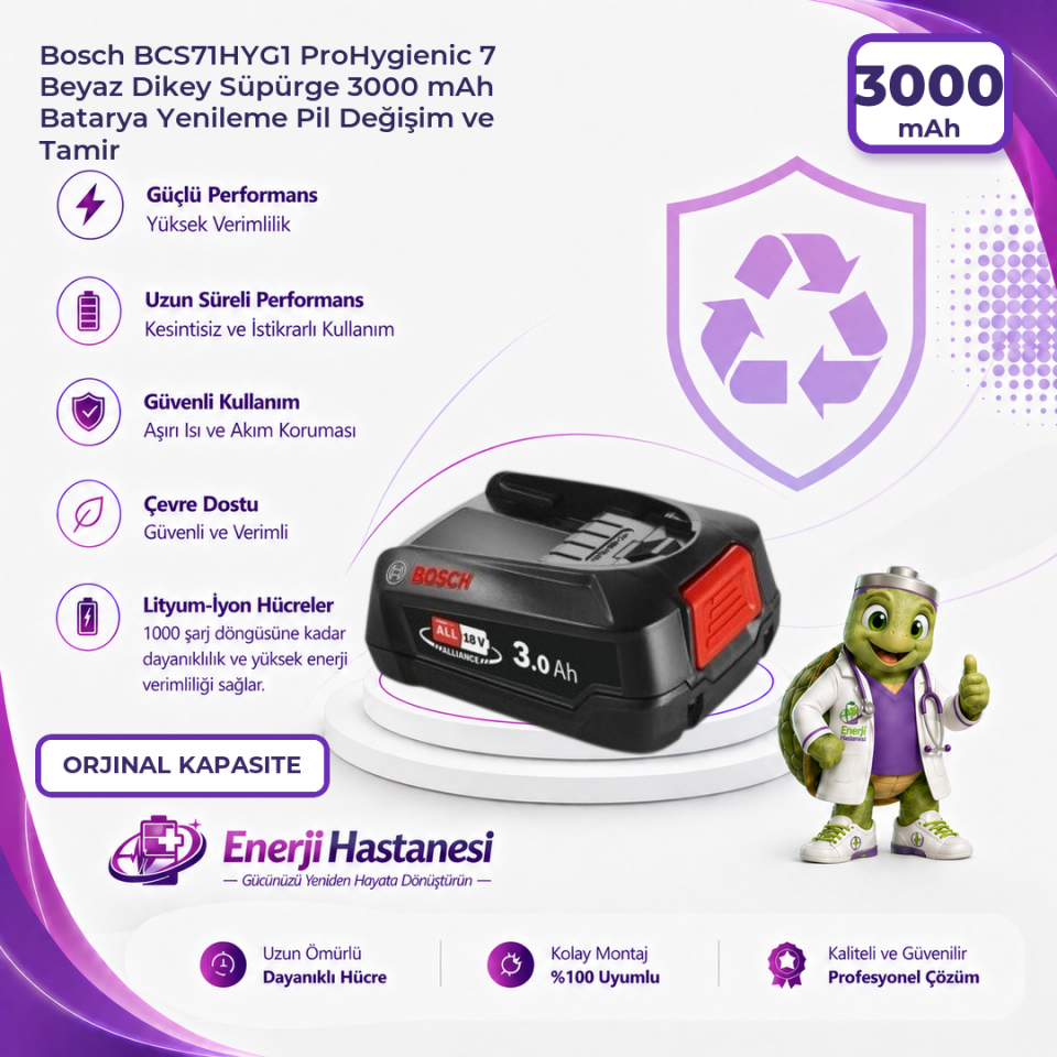 Bosch BCS71HYG1 ProHygienic 7 Beyaz Dikey Süpürge 3000 mAh Batarya Yenileme Pil Değişim ve Tamir