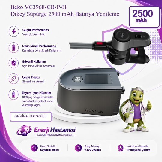 Beko VC3968-CB-P-H Dikey Süpürge 2500 mAh Batarya Yenileme
