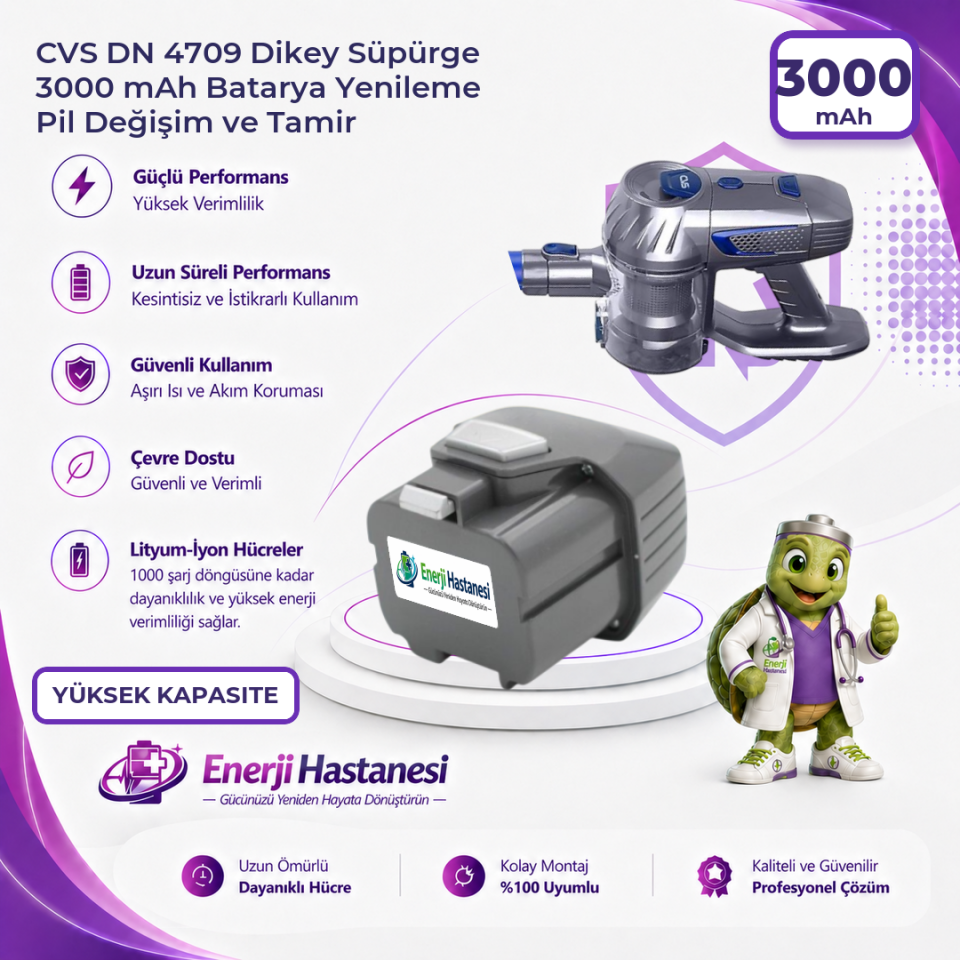 CVS DN 4709 Dikey Süpürge 3000 mAh Batarya Yenileme Pil Değişim ve Tamir