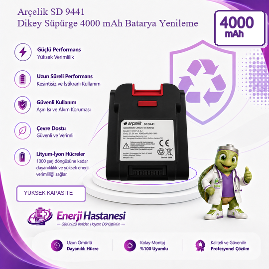 Arçelik SD 9441 Dikey Süpürge 4000 mAh Batarya Yenileme