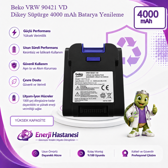 Beko VRW 90421 VD Dikey Süpürge 4000 mAh Batarya Yenileme