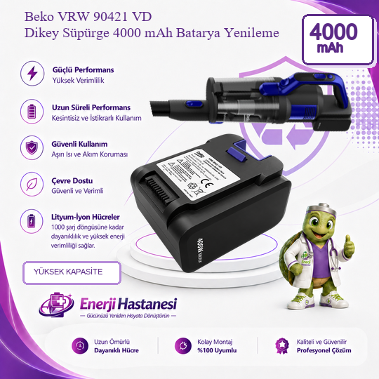 Beko VRW 90421 VD Dikey Süpürge 4000 mAh Batarya Yenileme