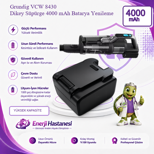 Grundig VCW 8430 Dikey Süpürge 4000 mAh Batarya Yenileme