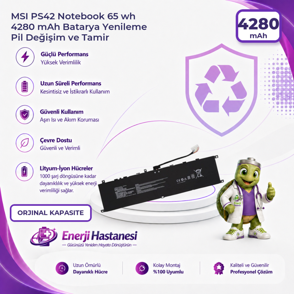 MSI PS42 Notebook 65 wh 4280 mAh Batarya Yenileme Pil Değişim ve Tamir