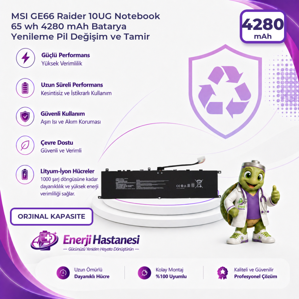 MSI GE66 Raider 10UG Notebook 65 wh 4280 mAh Batarya Yenileme Pil Değişim ve Tamir