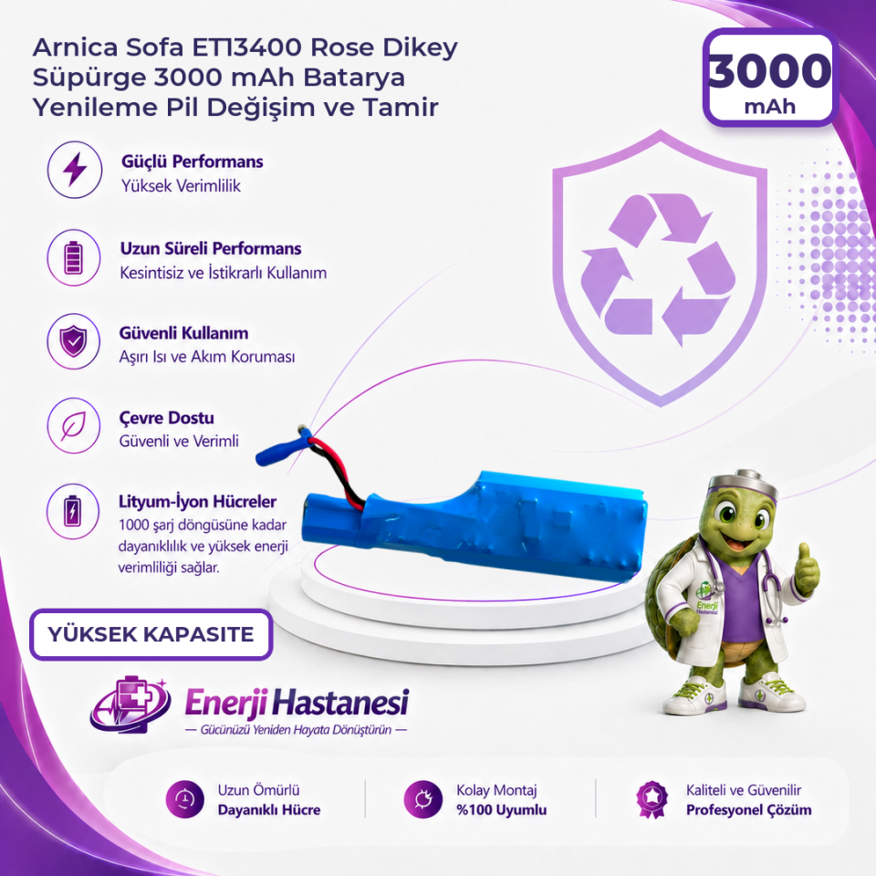 Arnica Sofa ET13400 Rose Dikey Süpürge 3000 mAh Batarya Yenileme Pil Değişim ve Tamir