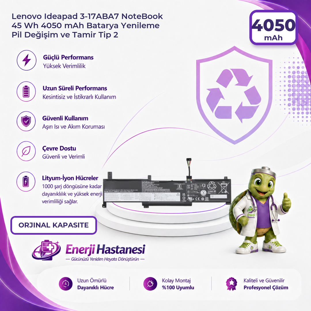 Lenovo Ideapad 3-17ABA7 NoteBook 45 Wh 4050 mAh Batarya Yenileme Pil Değişim ve Tamir Tip 2