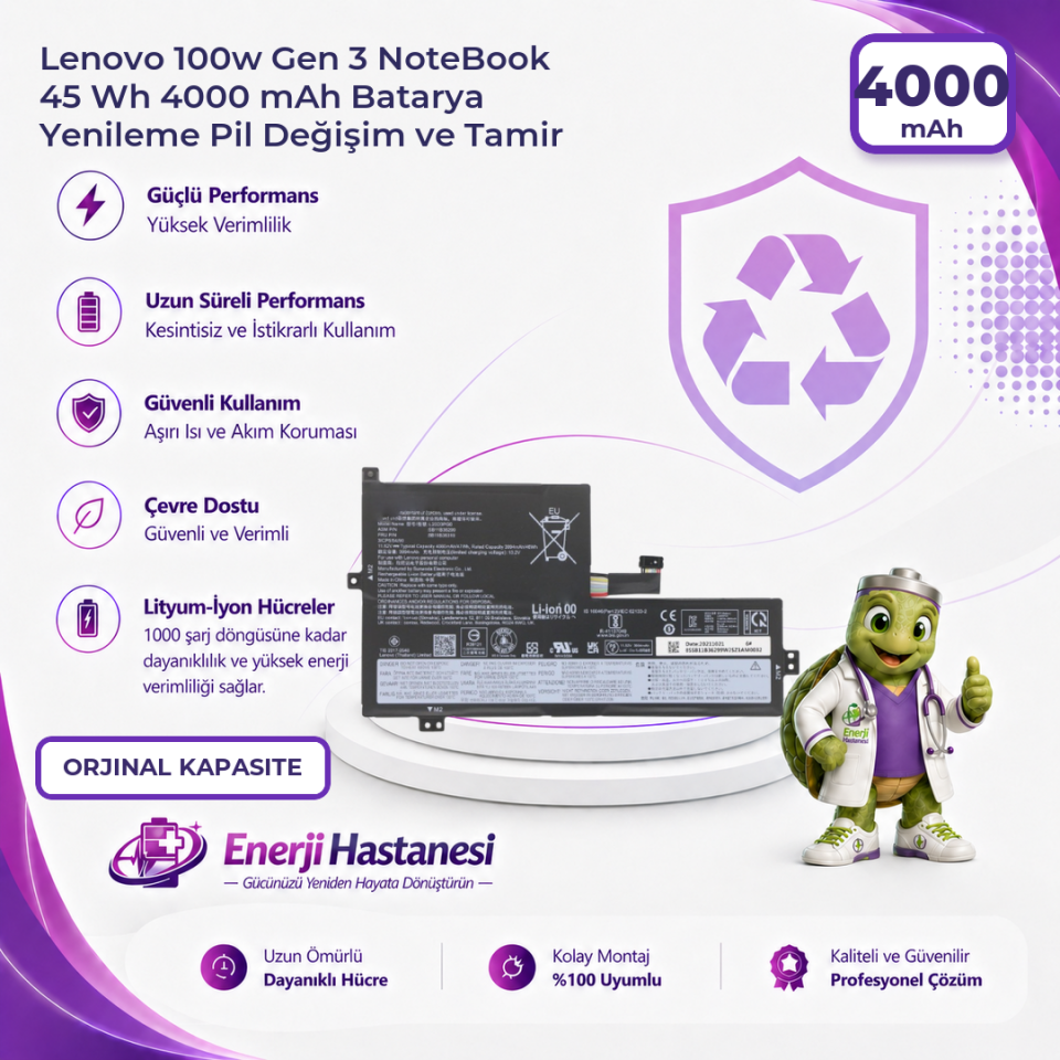 Lenovo 100w Gen 3 NoteBook 45 Wh 4000 mAh Batarya Yenileme Pil Değişim ve Tamir