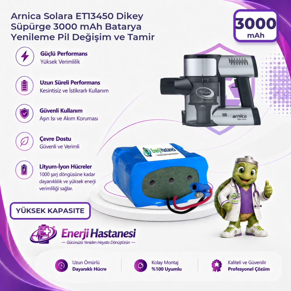 Arnica Solara ET13450 Dikey Süpürge 3000 mAh Batarya Yenileme Pil Değişim ve Tamir