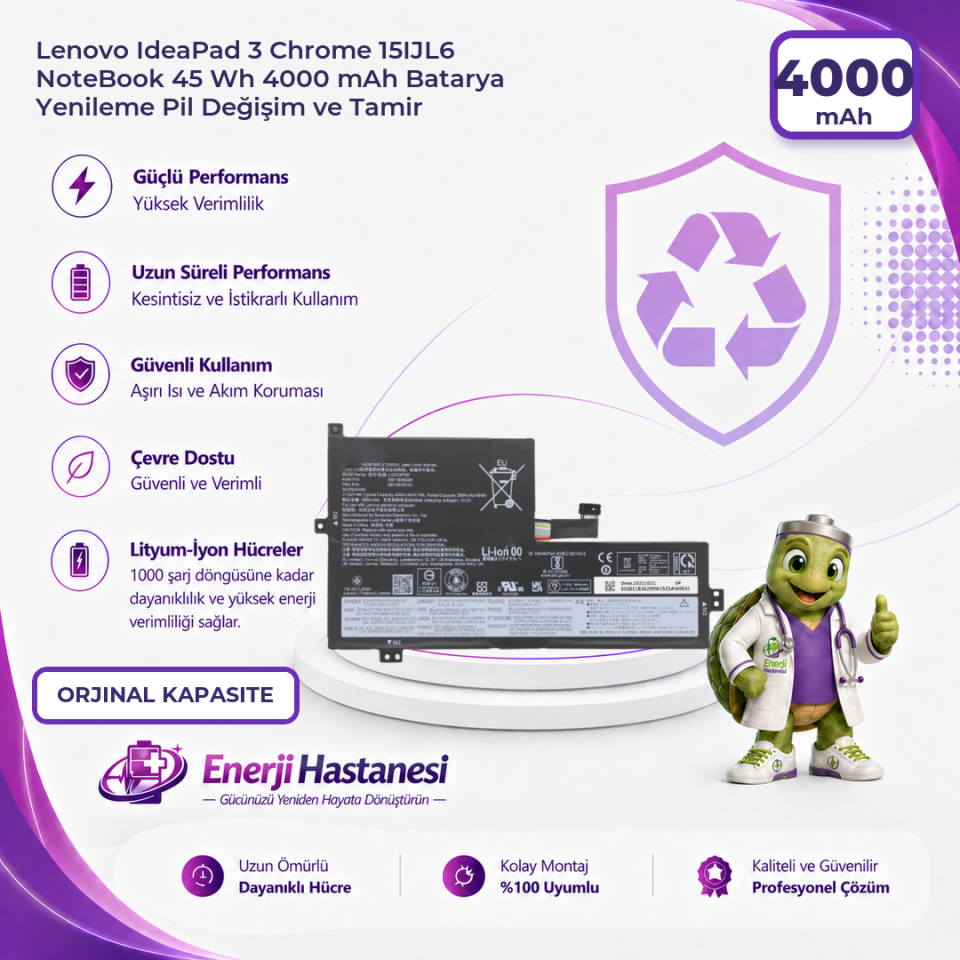Lenovo IdeaPad 3 Chrome 15IJL6 NoteBook 45 Wh 4000 mAh Batarya Yenileme Pil Değişim ve Tamir