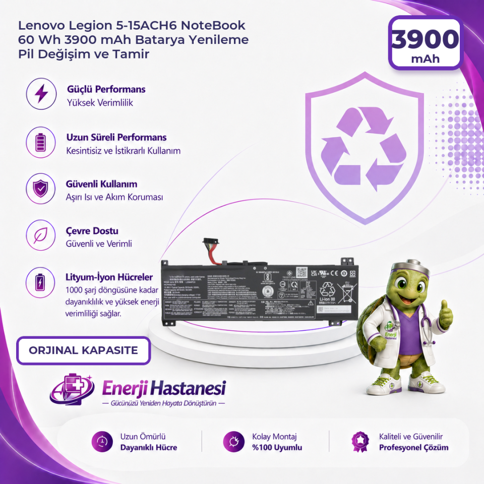 Lenovo Legion 5-15ACH6 NoteBook 60 Wh 3900 mAh Batarya Yenileme Pil Değişim ve Tamir