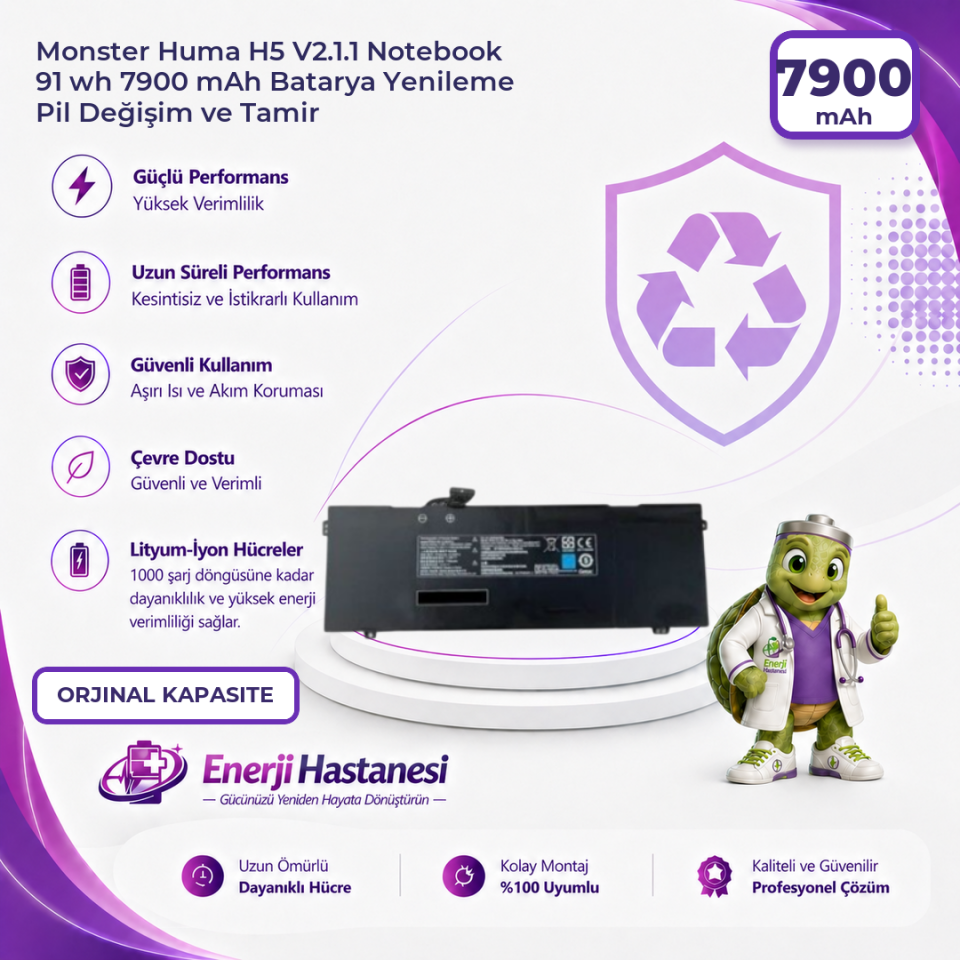 Monster Huma H5 V2.1.1 Notebook 91 wh 7900 mAh Batarya Yenileme Pil Değişim ve Tamir