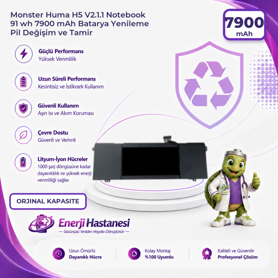 Monster Huma H5 V2.1.1 Notebook 91 wh 7900 mAh Batarya Yenileme Pil Değişim ve Tamir