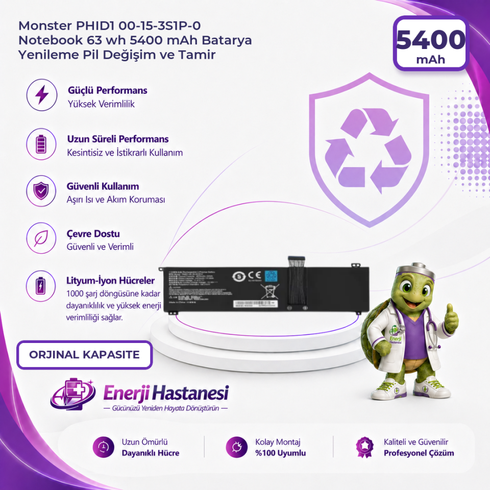 Monster PHID1 00-15-3S1P-0 Notebook 63 wh 5400 mAh Batarya Yenileme Pil Değişim ve Tamir