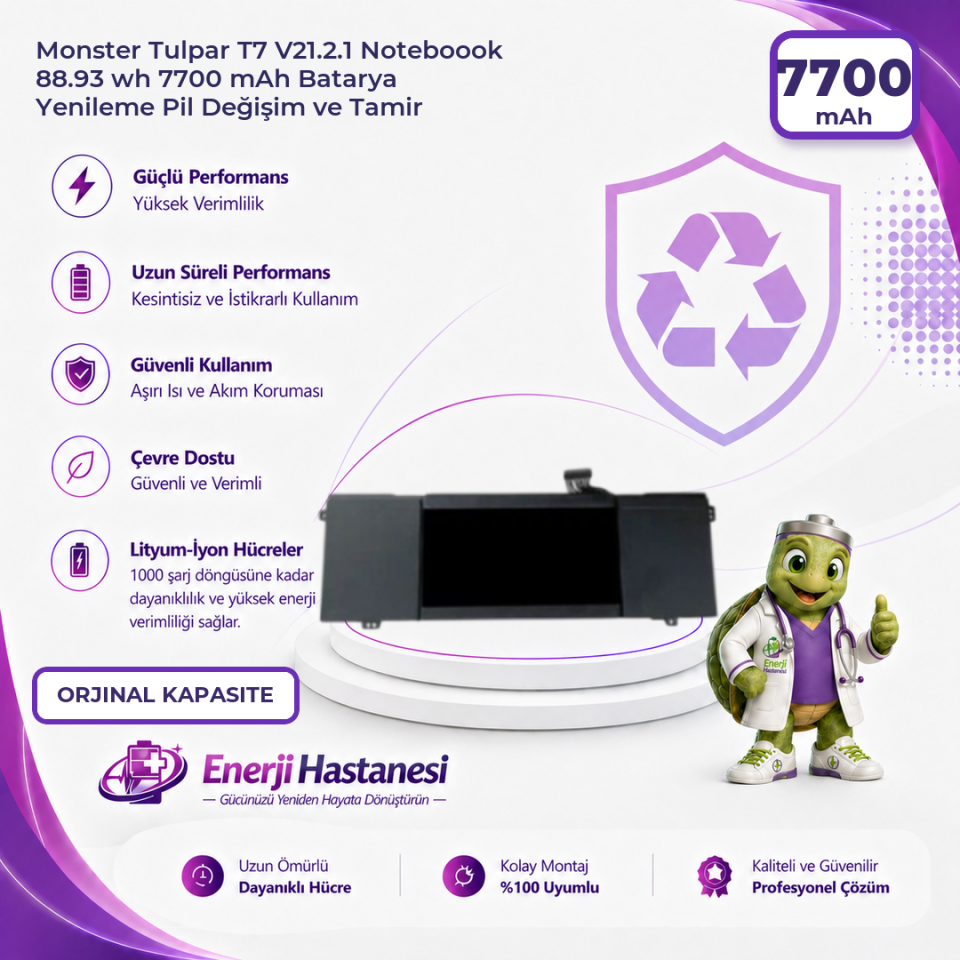 Monster Tulpar T7 V21.2.1 Noteboook 88.93 wh 7700 mAh Batarya Yenileme Pil Değişim ve Tamir