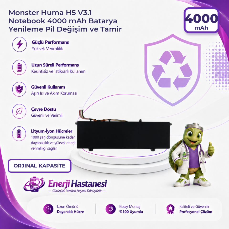 Monster Huma H5 V3.1 Notebook 4000 mAh Batarya Yenileme Pil Değişim ve Tamir