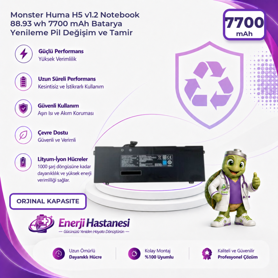 Monster Huma H5 v1.2 Notebook 88.93 wh 7700 mAh Batarya Yenileme Pil Değişim ve Tamir