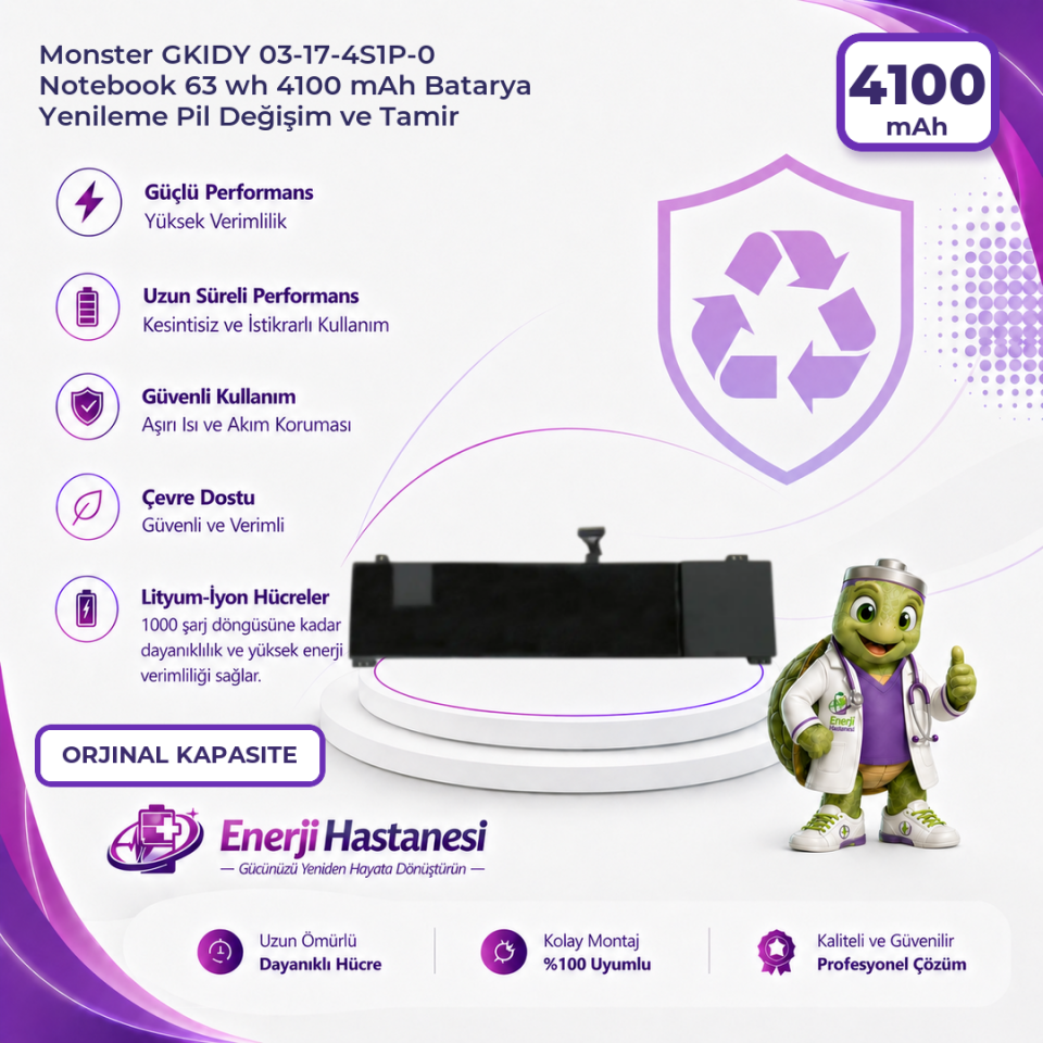Monster GKIDY 03-17-4S1P-0 Notebook 63 wh 4100 mAh Batarya Yenileme Pil Değişim ve Tamir