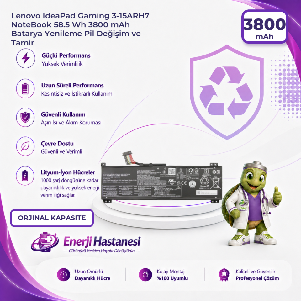 Lenovo IdeaPad Gaming 3-15ARH7 NoteBook 58.5 Wh 3800 mAh Batarya Yenileme Pil Değişim ve Tamir