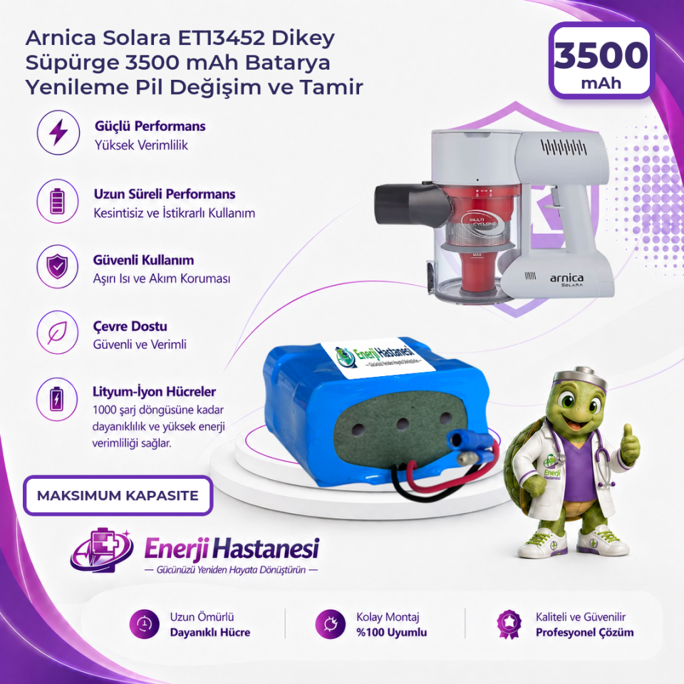 Arnica Solara ET13452 Dikey Süpürge 3500 mAh Batarya Yenileme Pil Değişim ve Tamir