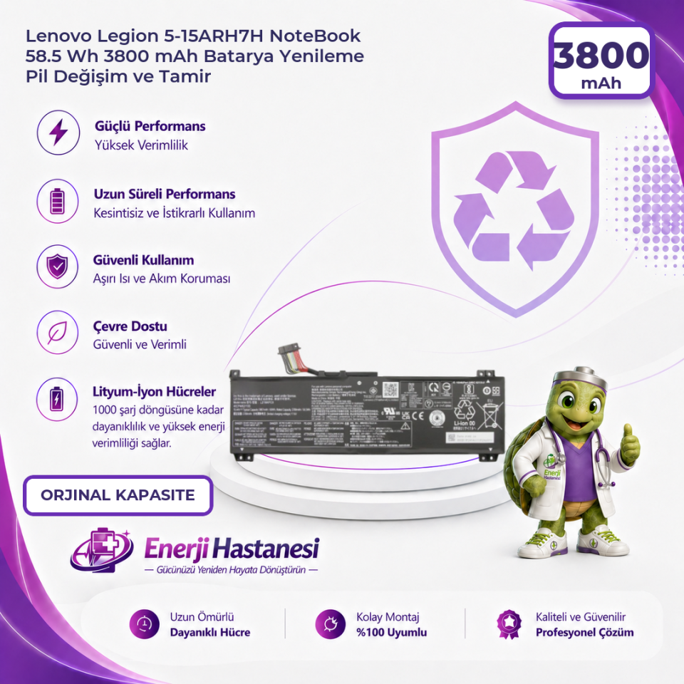 Lenovo Legion 5-15ARH7H NoteBook 58.5 Wh 3800 mAh Batarya Yenileme Pil Değişim ve Tamir