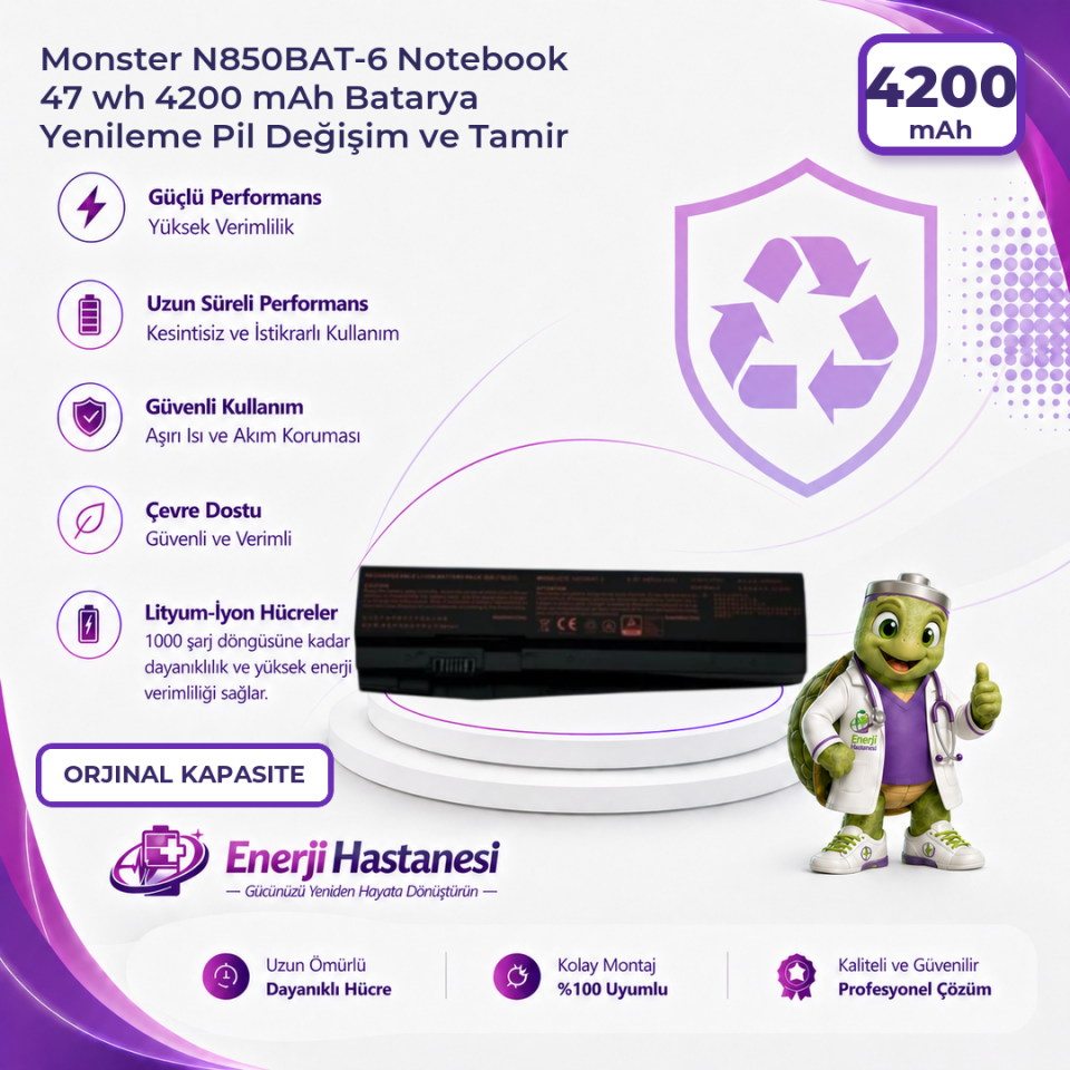 Monster N850BAT-6 Notebook 47 wh 4200 mAh Batarya Yenileme Pil Değişim ve Tamir