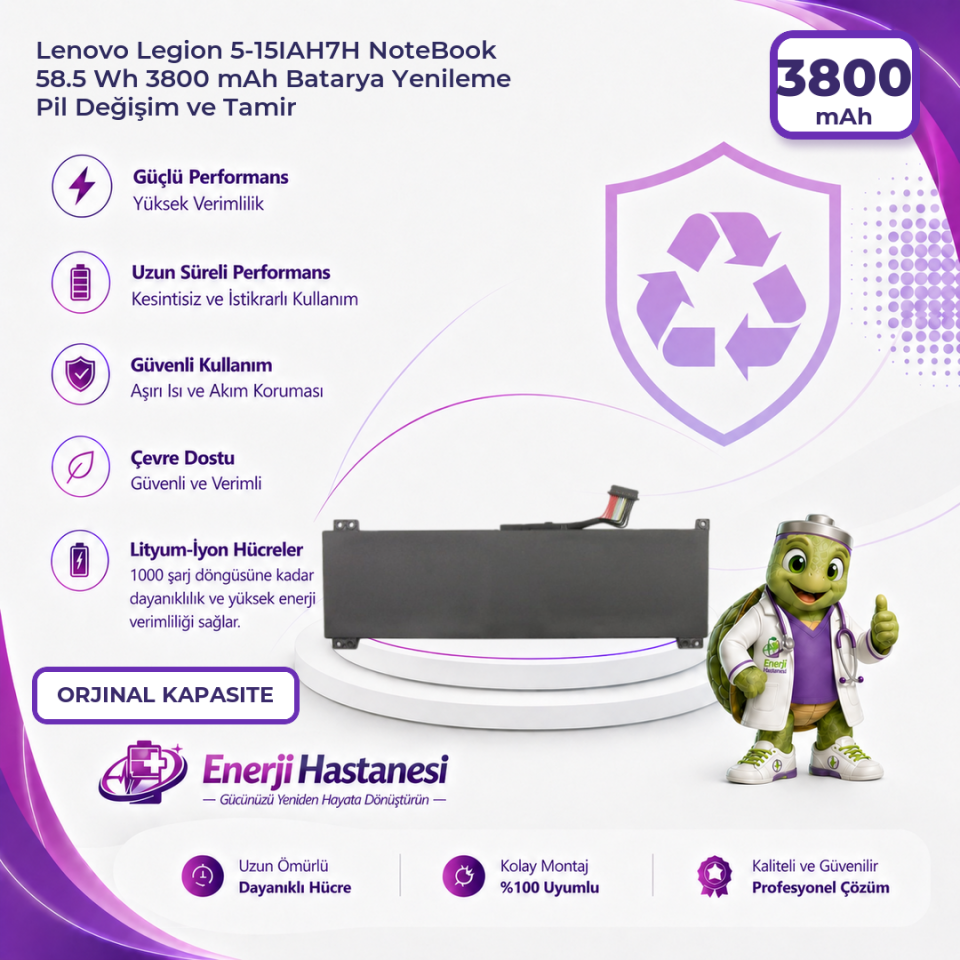 Lenovo Legion 5-15IAH7H NoteBook 58.5 Wh 3800 mAh Batarya Yenileme Pil Değişim ve Tamir