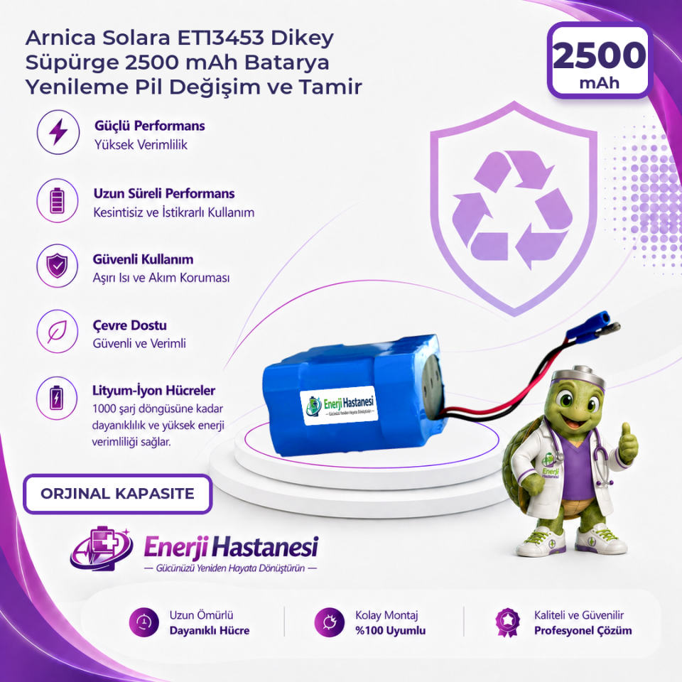Arnica Solara ET13453 Dikey Süpürge 2500 mAh Batarya Yenileme Pil Değişim ve Tamir