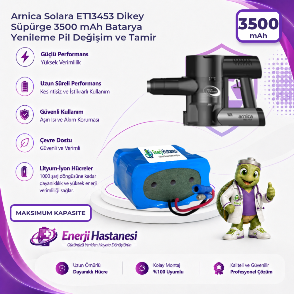 Arnica Solara ET13453 Dikey Süpürge 3500 mAh Batarya Yenileme Pil Değişim ve Tamir