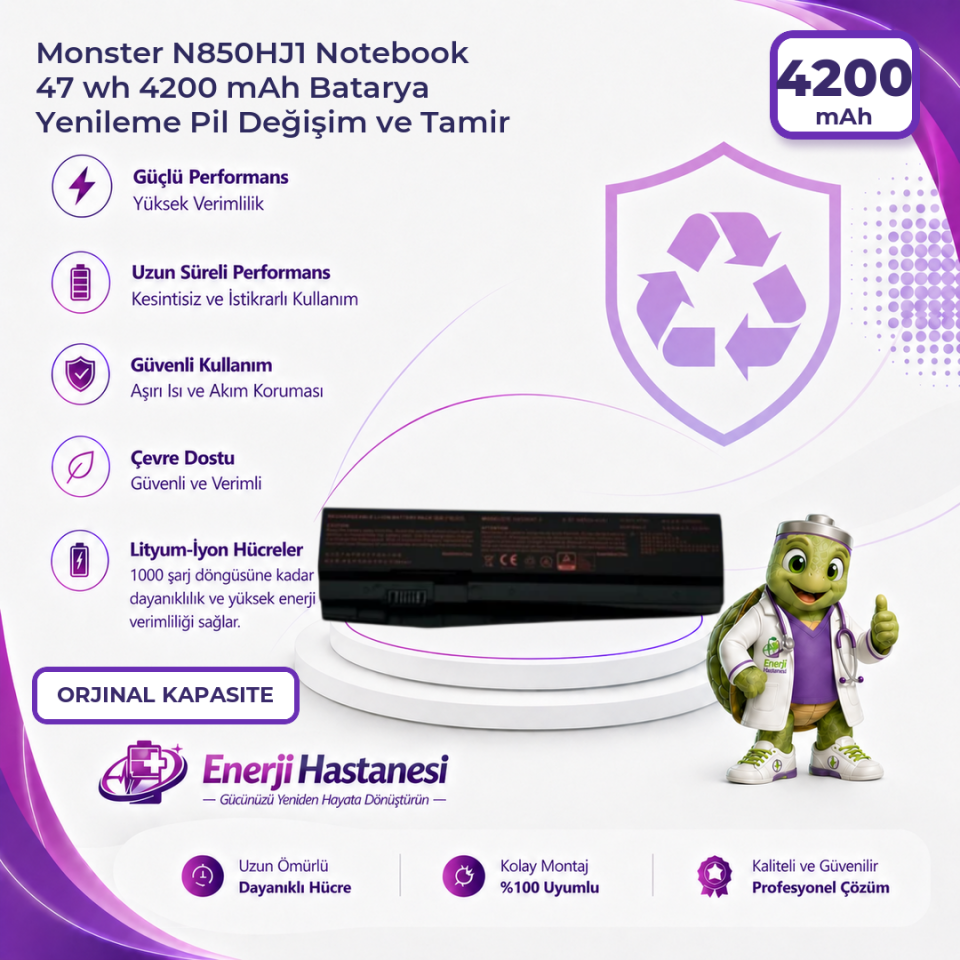 Monster N850HJ1 Notebook 47 wh 4200 mAh Batarya Yenileme Pil Değişim ve Tamir