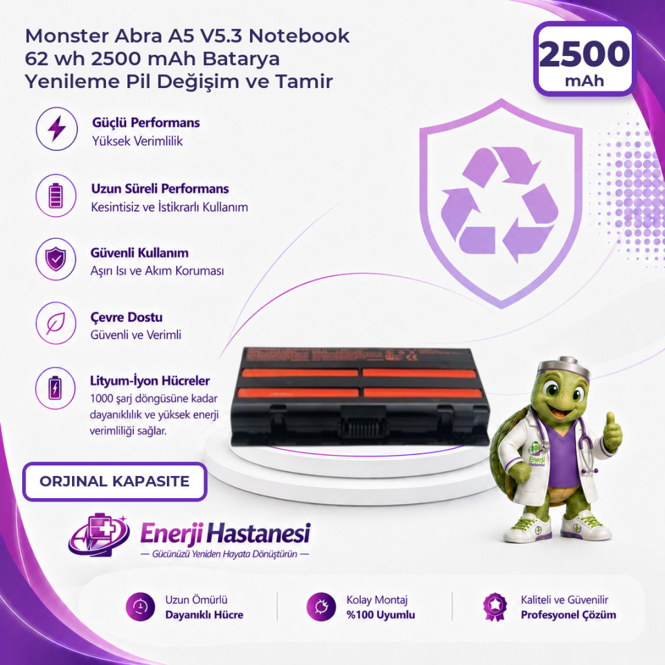 Monster Abra A5 V5.3 Notebook 62 wh 2500 mAh Batarya Yenileme Pil Değişim ve Tamir