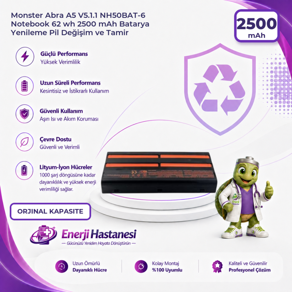 Monster Abra A5 V5.1.1 NH50BAT-6 Notebook 62 wh 2500 mAh Batarya Yenileme Pil Değişim ve Tamir