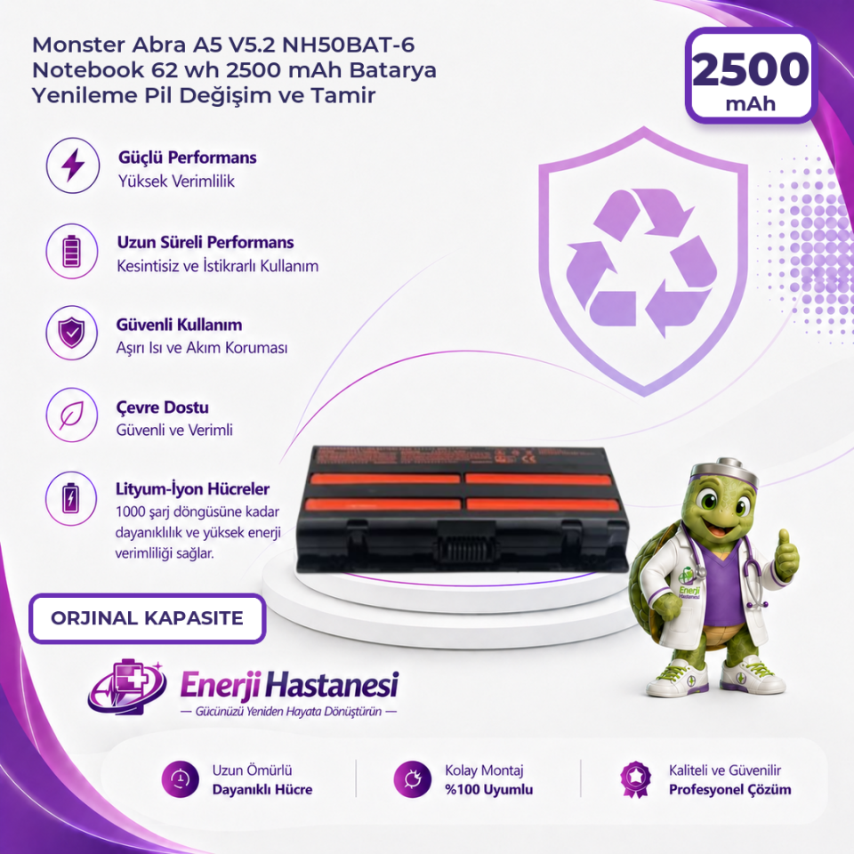 Monster Abra A5 V5.2 NH50BAT-6 Notebook 62 wh 2500 mAh Batarya Yenileme Pil Değişim ve Tamir