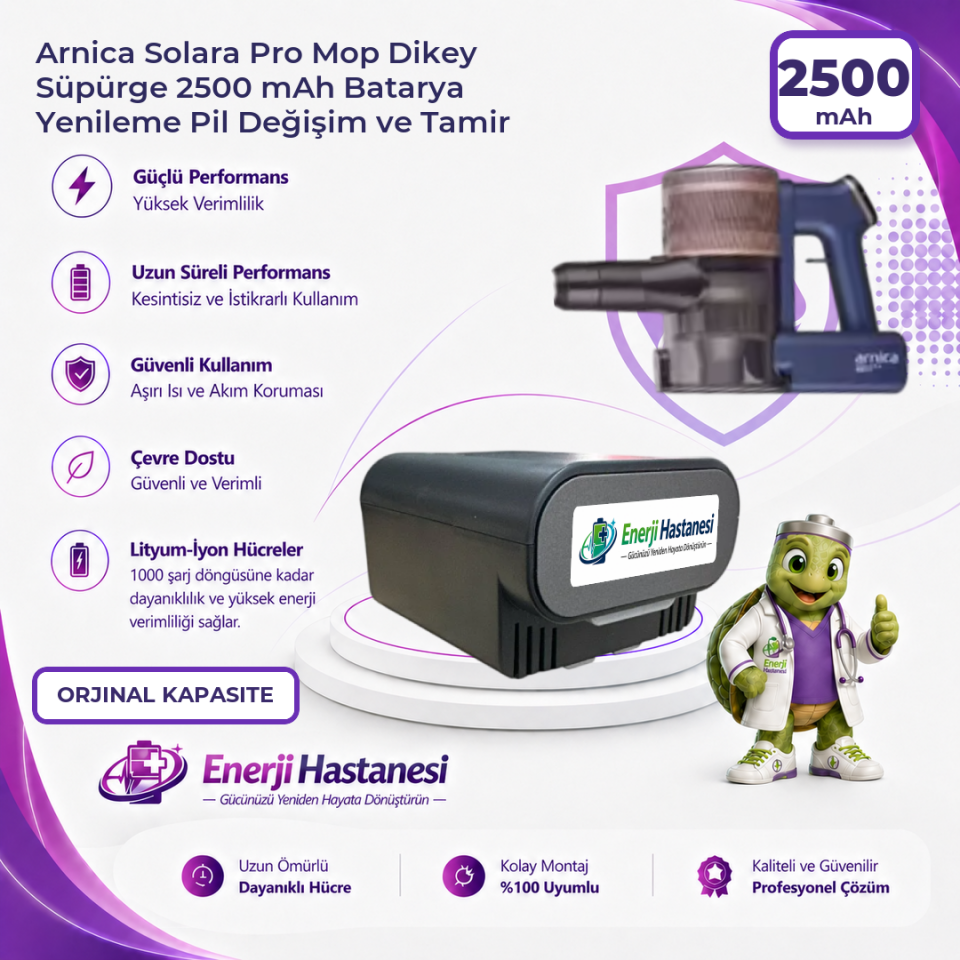 Arnica Solara Pro Mop Dikey Süpürge 2500 mAh Batarya Yenileme Pil Değişim ve Tamir