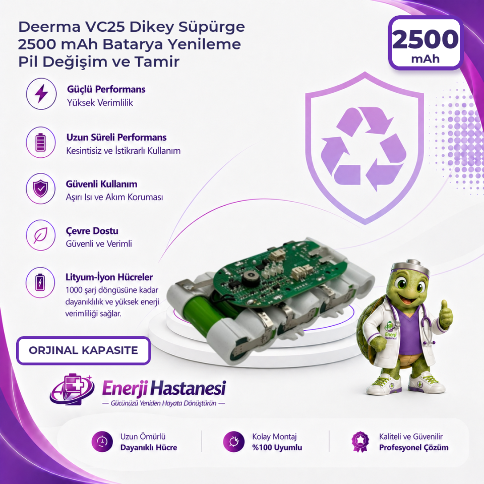 Deerma VC25 Dikey Süpürge 2500 mAh Batarya Yenileme Pil Değişim ve Tamir