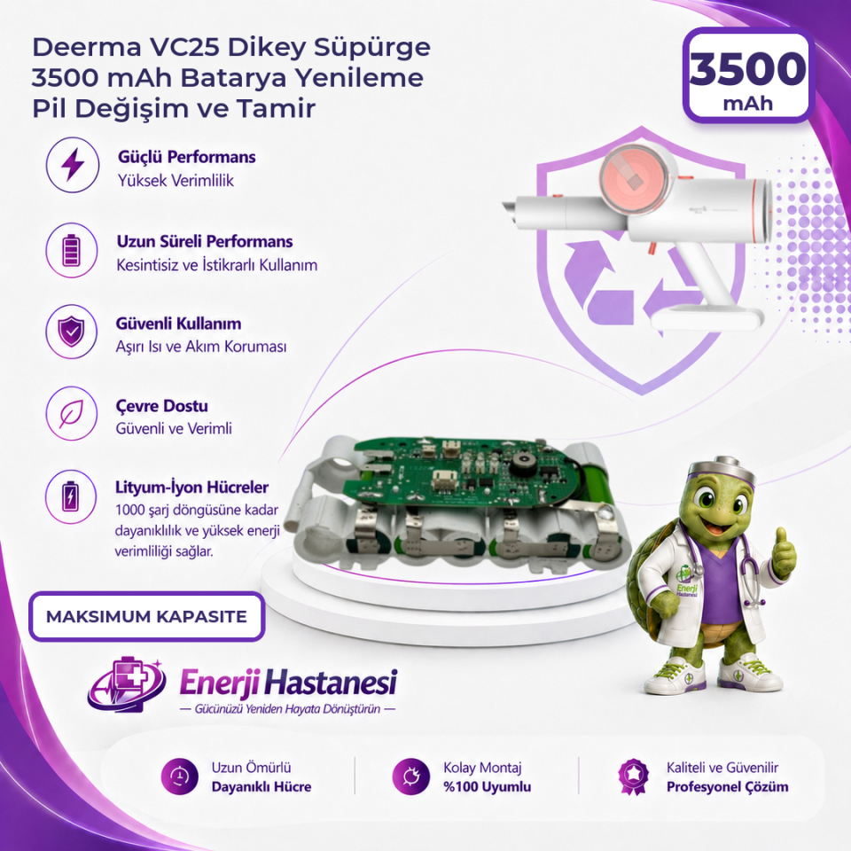 Deerma VC25 Dikey Süpürge 3500 mAh Batarya Yenileme Pil Değişim ve Tamir